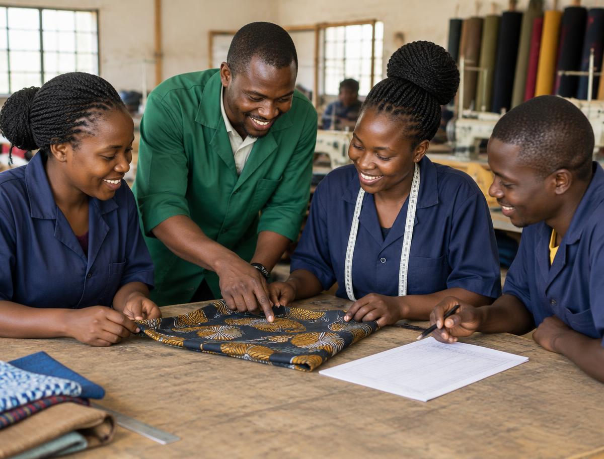 AI concept of a Zambian workshop team reviewing samples